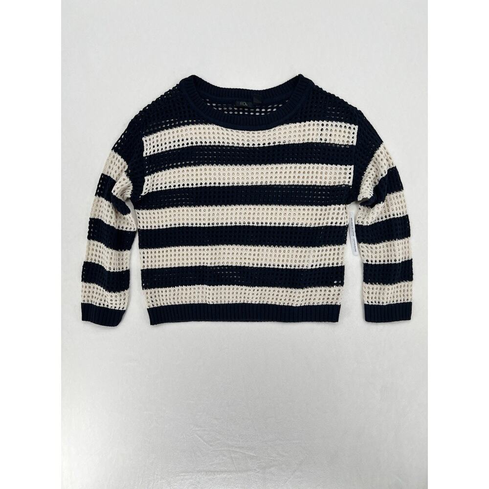 RDI Womens Striped Open Knit Sweater M Navy Ivory Cotton Crochet Pullover